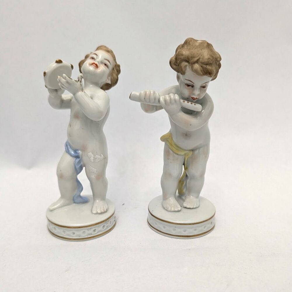 Wallendorf Porcelain Putti Cherub Figurines Pair (Flute & Tambourine) 5 in